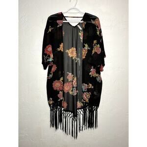 Exhilaration black floral fringe kimono womens XS boho chic bohemian hipster